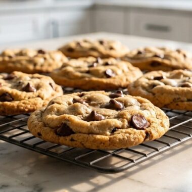Chewy chocolate chip cookies cooling on a wire rack