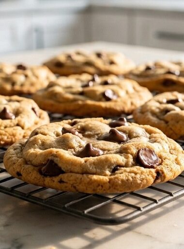 Chewy chocolate chip cookies cooling on a wire rack