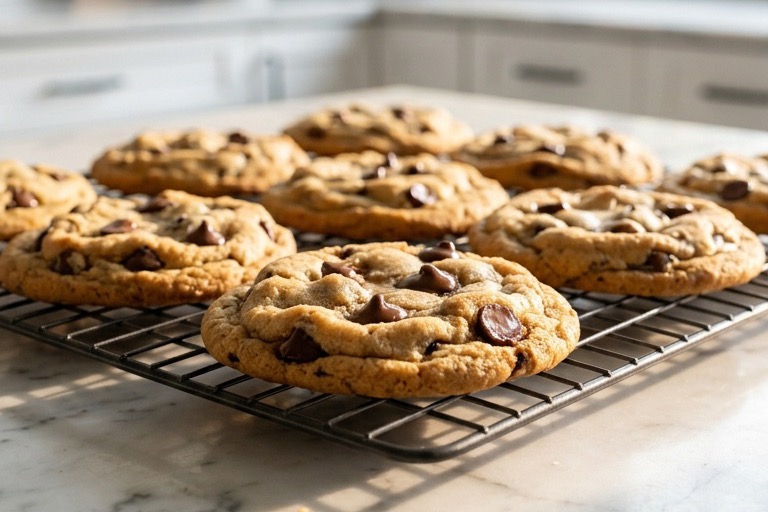 Chewy chocolate chip cookies cooling on a wire rack